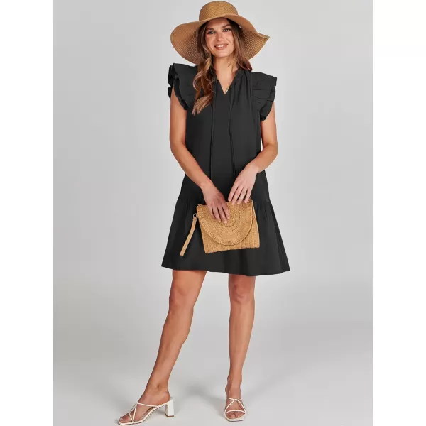 imageANRABESS Womens Summer VNeck Drawstring Ruffle Cap Short Sleeve Casual Shift Mini Dress with PocketsBlack