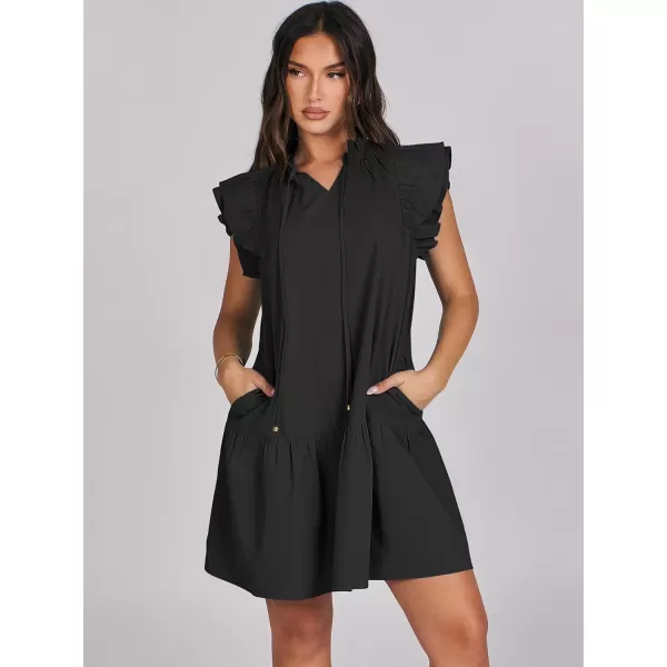 imageANRABESS Womens Summer VNeck Drawstring Ruffle Cap Short Sleeve Casual Shift Mini Dress with PocketsBlack