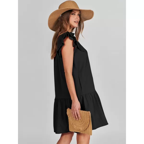 imageANRABESS Womens Summer VNeck Drawstring Ruffle Cap Short Sleeve Casual Shift Mini Dress with PocketsBlack