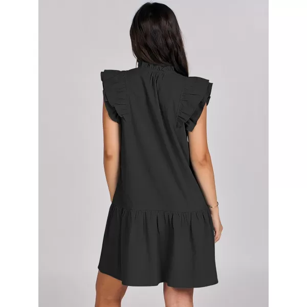 imageANRABESS Womens Summer VNeck Drawstring Ruffle Cap Short Sleeve Casual Shift Mini Dress with PocketsBlack