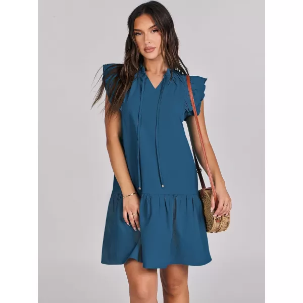 imageANRABESS Womens Summer VNeck Drawstring Ruffle Cap Short Sleeve Casual Shift Mini Dress with PocketsBlue