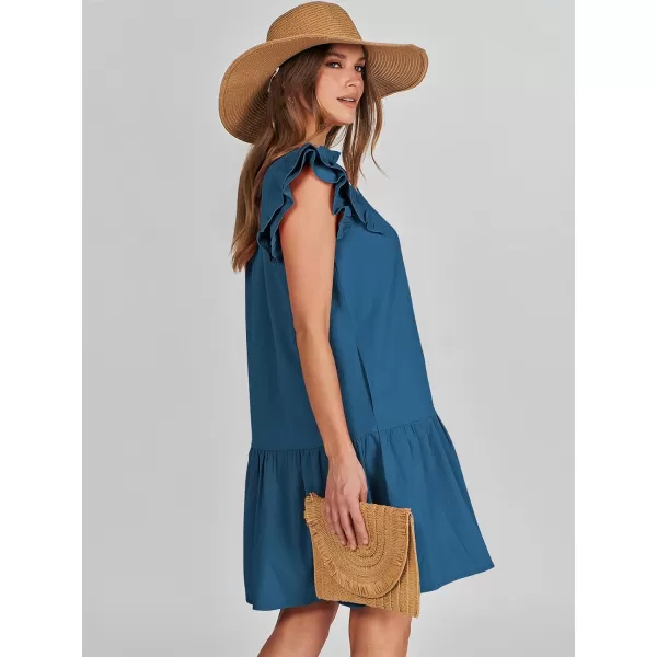imageANRABESS Womens Summer VNeck Drawstring Ruffle Cap Short Sleeve Casual Shift Mini Dress with PocketsBlue