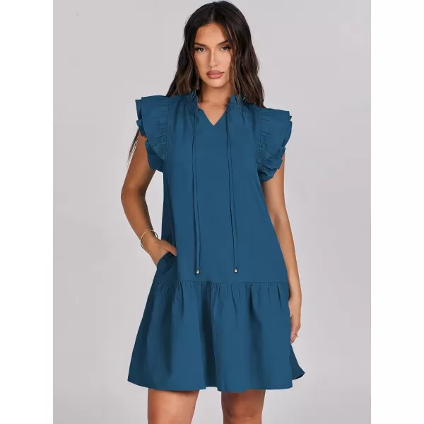 imageANRABESS Womens Summer VNeck Drawstring Ruffle Cap Short Sleeve Casual Shift Mini Dress with PocketsBlue