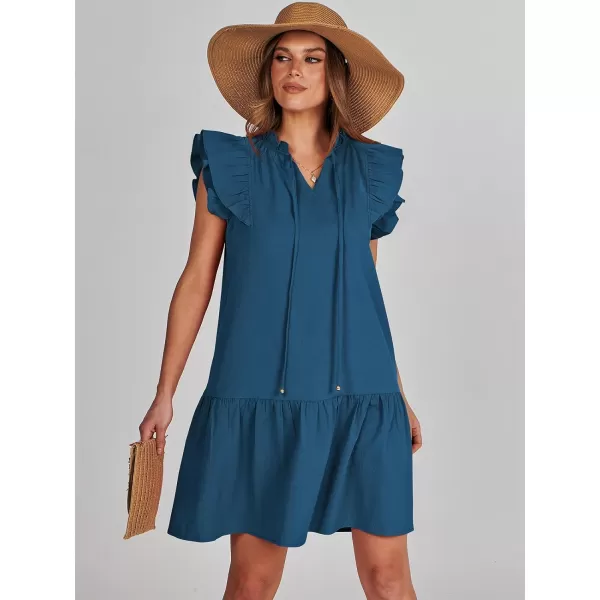 imageANRABESS Womens Summer VNeck Drawstring Ruffle Cap Short Sleeve Casual Shift Mini Dress with PocketsBlue