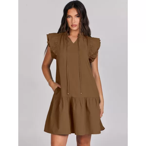 imageANRABESS Womens Summer VNeck Drawstring Ruffle Cap Short Sleeve Casual Shift Mini Dress with PocketsCamel