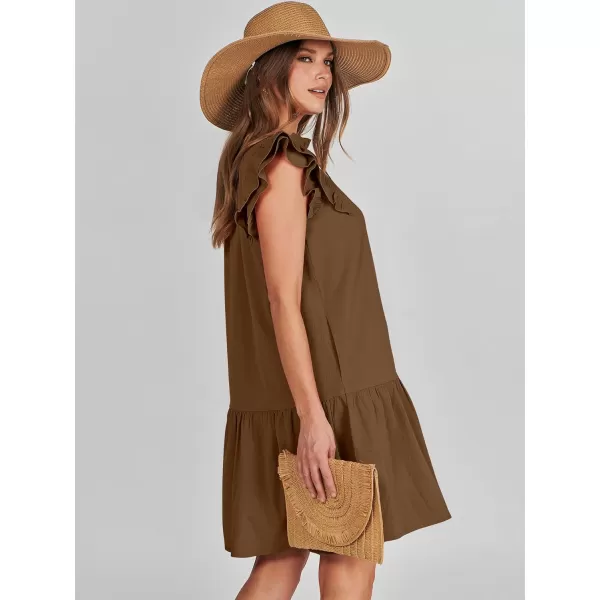 imageANRABESS Womens Summer VNeck Drawstring Ruffle Cap Short Sleeve Casual Shift Mini Dress with PocketsCamel