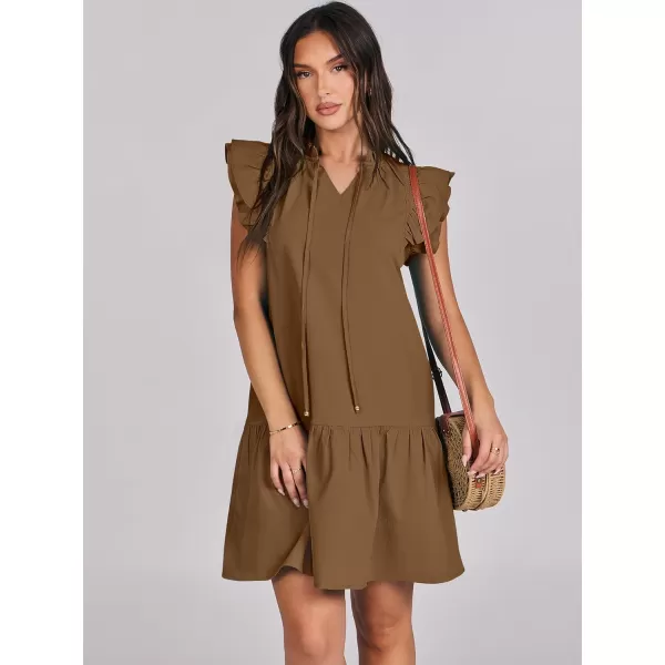 imageANRABESS Womens Summer VNeck Drawstring Ruffle Cap Short Sleeve Casual Shift Mini Dress with PocketsCamel