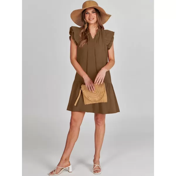 imageANRABESS Womens Summer VNeck Drawstring Ruffle Cap Short Sleeve Casual Shift Mini Dress with PocketsCamel