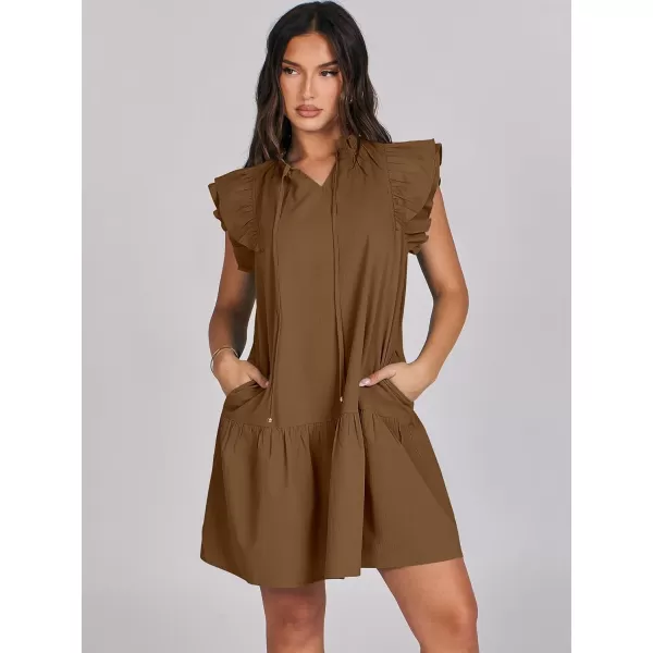 imageANRABESS Womens Summer VNeck Drawstring Ruffle Cap Short Sleeve Casual Shift Mini Dress with PocketsCamel