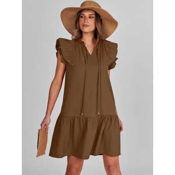 imageANRABESS Womens Summer VNeck Drawstring Ruffle Cap Short Sleeve Casual Shift Mini Dress with PocketsCamel