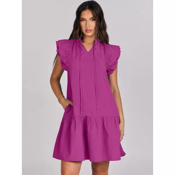 imageANRABESS Womens Summer VNeck Drawstring Ruffle Cap Short Sleeve Casual Shift Mini Dress with PocketsFuchsia