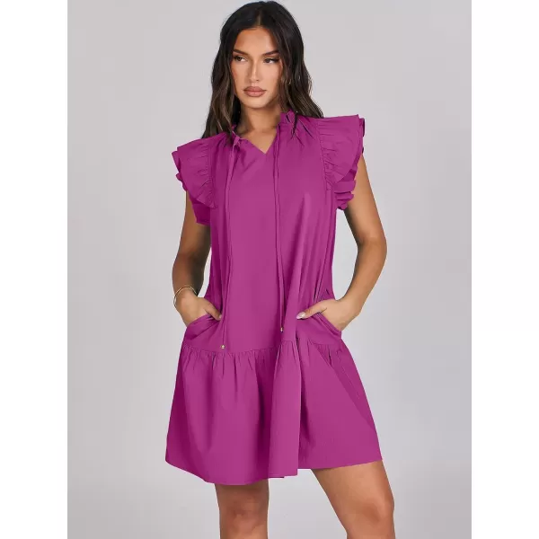 imageANRABESS Womens Summer VNeck Drawstring Ruffle Cap Short Sleeve Casual Shift Mini Dress with PocketsFuchsia