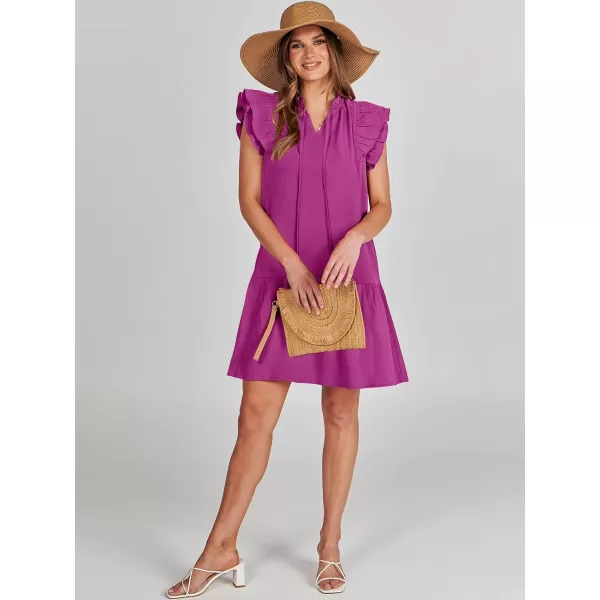 imageANRABESS Womens Summer VNeck Drawstring Ruffle Cap Short Sleeve Casual Shift Mini Dress with PocketsFuchsia