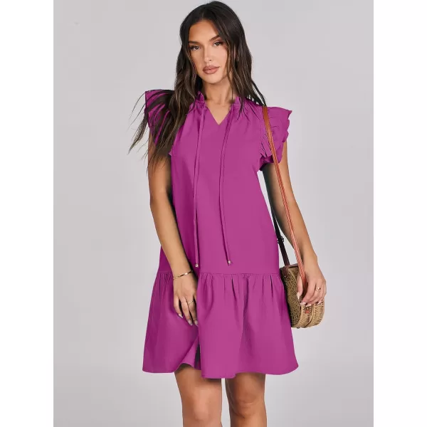 imageANRABESS Womens Summer VNeck Drawstring Ruffle Cap Short Sleeve Casual Shift Mini Dress with PocketsFuchsia