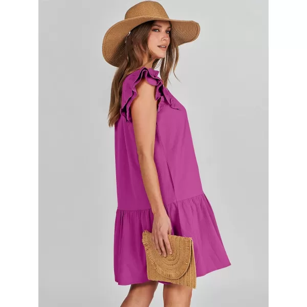imageANRABESS Womens Summer VNeck Drawstring Ruffle Cap Short Sleeve Casual Shift Mini Dress with PocketsFuchsia