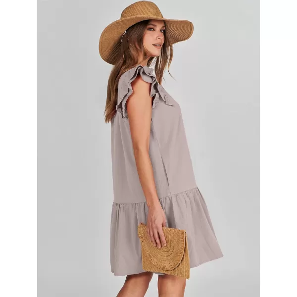 imageANRABESS Womens Summer VNeck Drawstring Ruffle Cap Short Sleeve Casual Shift Mini Dress with PocketsGray Apricot