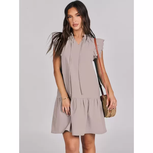 imageANRABESS Womens Summer VNeck Drawstring Ruffle Cap Short Sleeve Casual Shift Mini Dress with PocketsGray Apricot