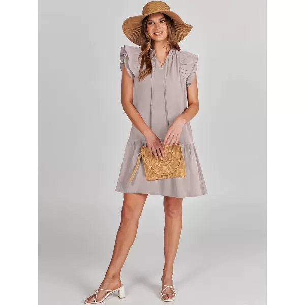 imageANRABESS Womens Summer VNeck Drawstring Ruffle Cap Short Sleeve Casual Shift Mini Dress with PocketsGray Apricot
