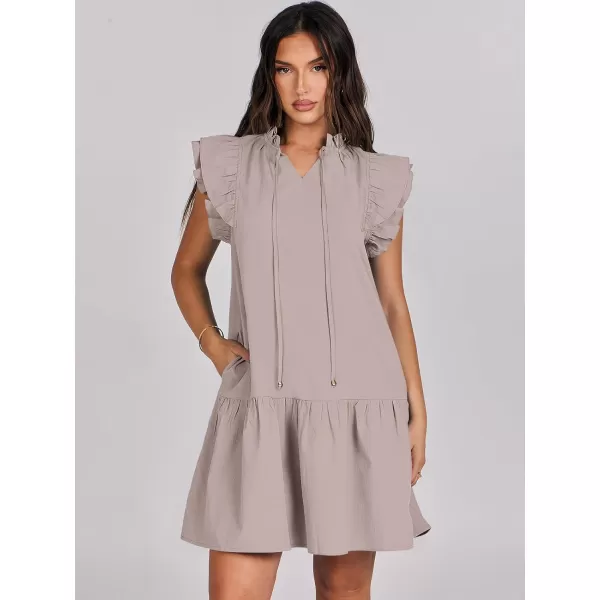 imageANRABESS Womens Summer VNeck Drawstring Ruffle Cap Short Sleeve Casual Shift Mini Dress with PocketsGray Apricot
