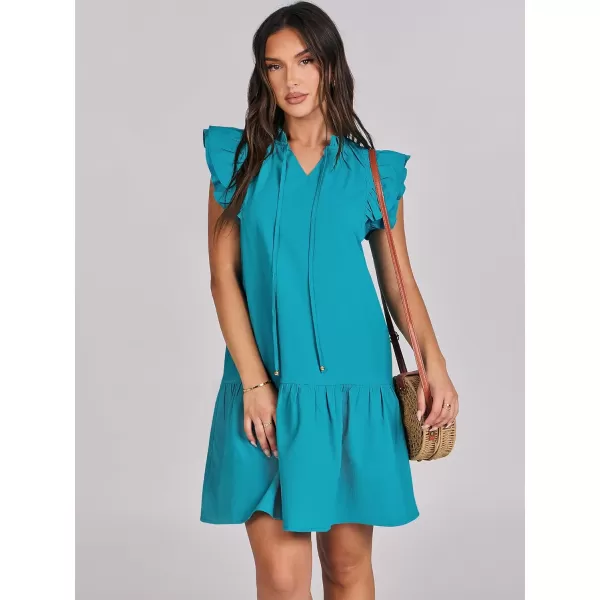 imageANRABESS Womens Summer VNeck Drawstring Ruffle Cap Short Sleeve Casual Shift Mini Dress with PocketsLake