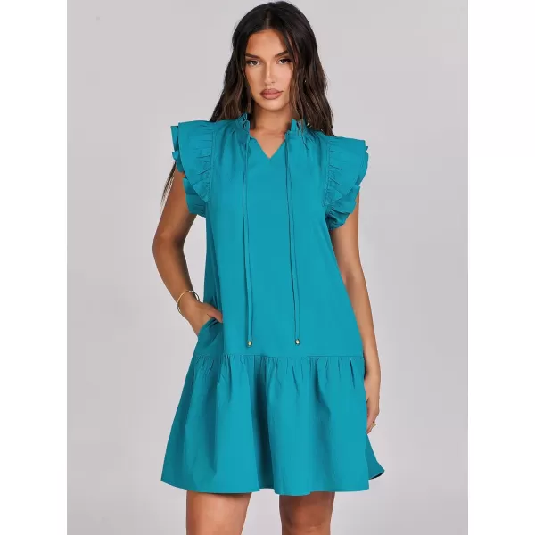 imageANRABESS Womens Summer VNeck Drawstring Ruffle Cap Short Sleeve Casual Shift Mini Dress with PocketsLake