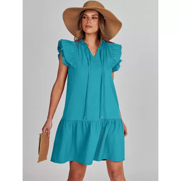imageANRABESS Womens Summer VNeck Drawstring Ruffle Cap Short Sleeve Casual Shift Mini Dress with PocketsLake