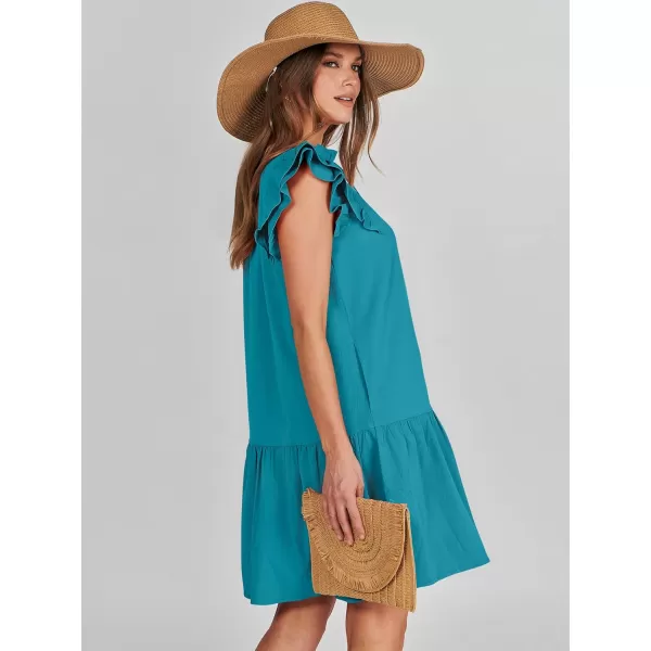 imageANRABESS Womens Summer VNeck Drawstring Ruffle Cap Short Sleeve Casual Shift Mini Dress with PocketsLake