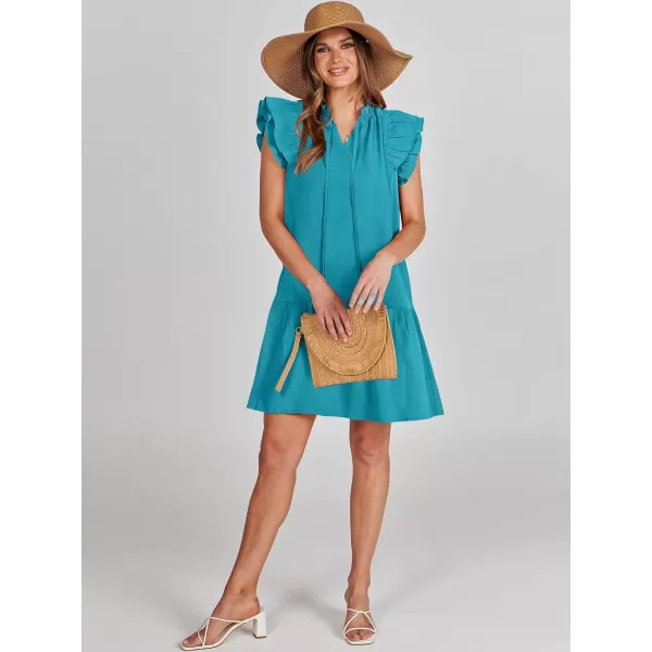 imageANRABESS Womens Summer VNeck Drawstring Ruffle Cap Short Sleeve Casual Shift Mini Dress with PocketsLake