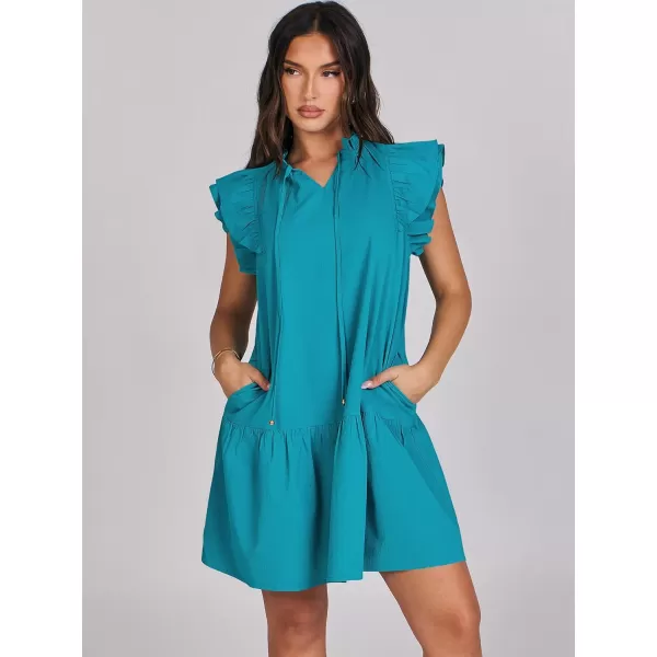 imageANRABESS Womens Summer VNeck Drawstring Ruffle Cap Short Sleeve Casual Shift Mini Dress with PocketsLake