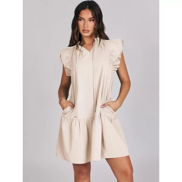imageANRABESS Womens Summer VNeck Drawstring Ruffle Cap Short Sleeve Casual Shift Mini Dress with PocketsLight Pink