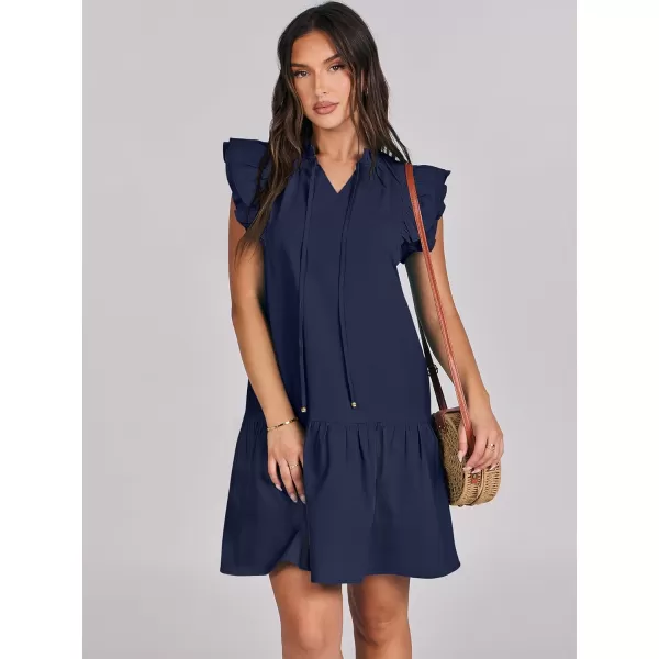 imageANRABESS Womens Summer VNeck Drawstring Ruffle Cap Short Sleeve Casual Shift Mini Dress with PocketsNavy Blue