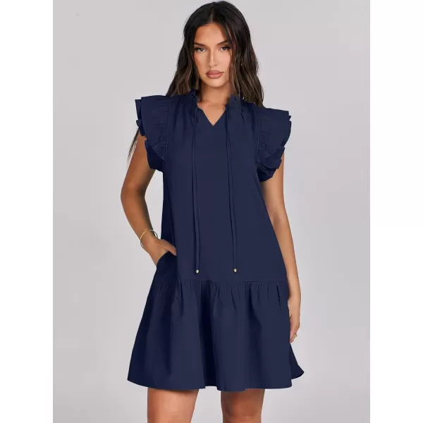 imageANRABESS Womens Summer VNeck Drawstring Ruffle Cap Short Sleeve Casual Shift Mini Dress with PocketsNavy Blue