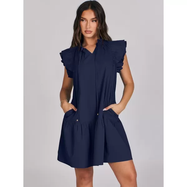 imageANRABESS Womens Summer VNeck Drawstring Ruffle Cap Short Sleeve Casual Shift Mini Dress with PocketsNavy Blue