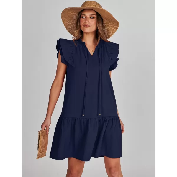 imageANRABESS Womens Summer VNeck Drawstring Ruffle Cap Short Sleeve Casual Shift Mini Dress with PocketsNavy Blue