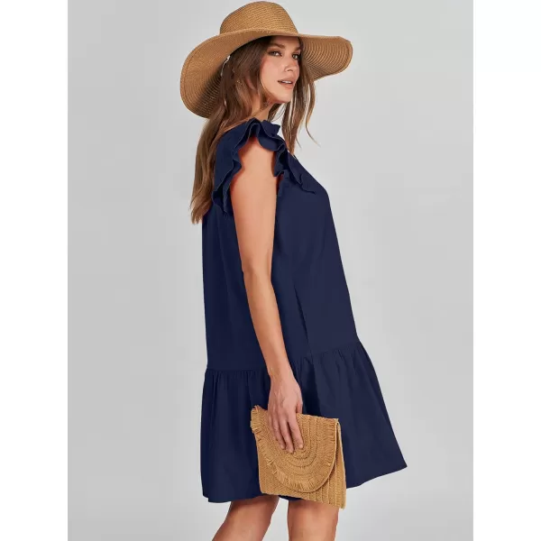 imageANRABESS Womens Summer VNeck Drawstring Ruffle Cap Short Sleeve Casual Shift Mini Dress with PocketsNavy Blue