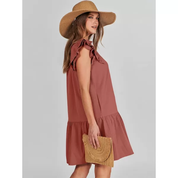 imageANRABESS Womens Summer VNeck Drawstring Ruffle Cap Short Sleeve Casual Shift Mini Dress with PocketsRust