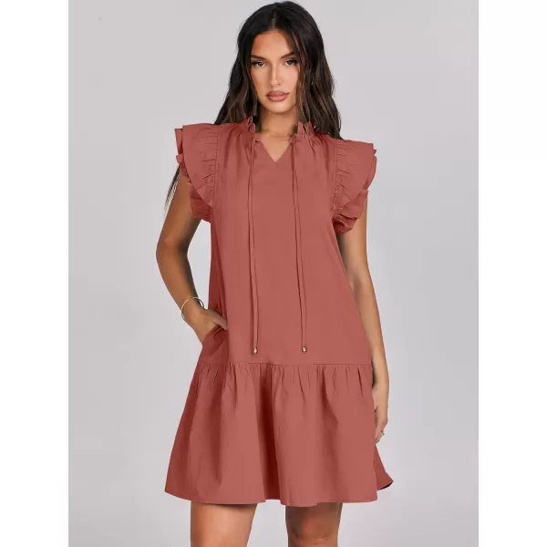 imageANRABESS Womens Summer VNeck Drawstring Ruffle Cap Short Sleeve Casual Shift Mini Dress with PocketsRust