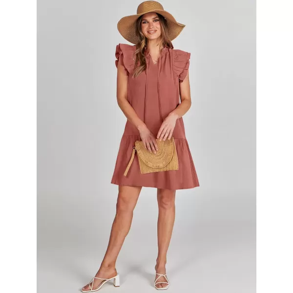 imageANRABESS Womens Summer VNeck Drawstring Ruffle Cap Short Sleeve Casual Shift Mini Dress with PocketsRust