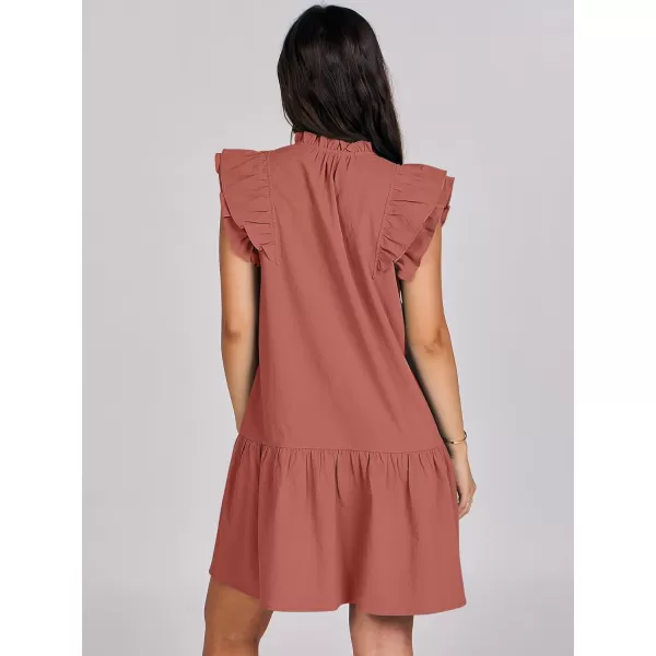 imageANRABESS Womens Summer VNeck Drawstring Ruffle Cap Short Sleeve Casual Shift Mini Dress with PocketsRust