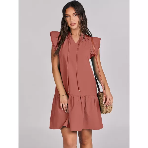 imageANRABESS Womens Summer VNeck Drawstring Ruffle Cap Short Sleeve Casual Shift Mini Dress with PocketsRust