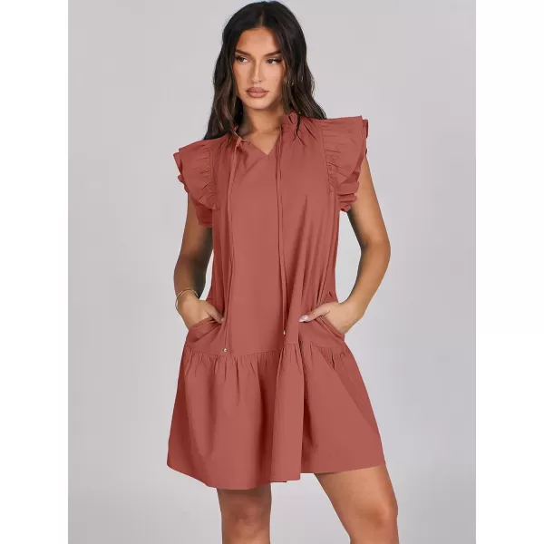 imageANRABESS Womens Summer VNeck Drawstring Ruffle Cap Short Sleeve Casual Shift Mini Dress with PocketsRust