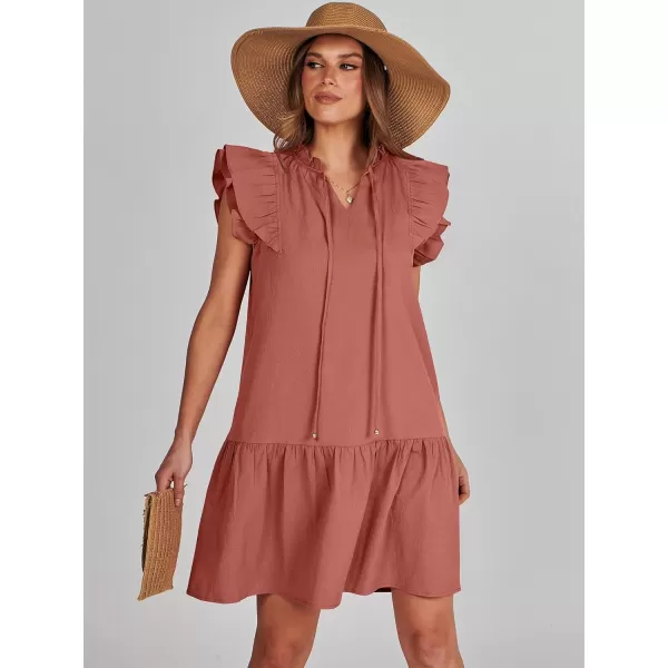 imageANRABESS Womens Summer VNeck Drawstring Ruffle Cap Short Sleeve Casual Shift Mini Dress with PocketsRust