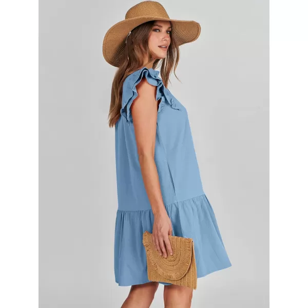 imageANRABESS Womens Summer VNeck Drawstring Ruffle Cap Short Sleeve Casual Shift Mini Dress with PocketsSky Blue