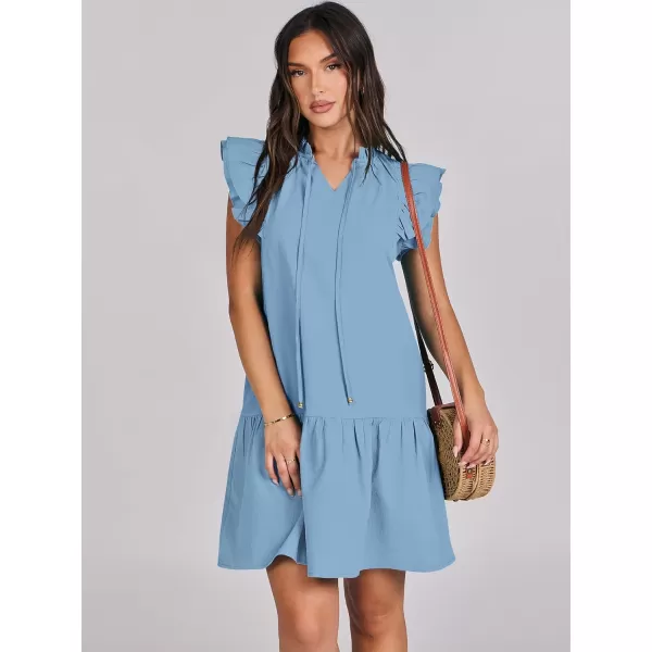 imageANRABESS Womens Summer VNeck Drawstring Ruffle Cap Short Sleeve Casual Shift Mini Dress with PocketsSky Blue