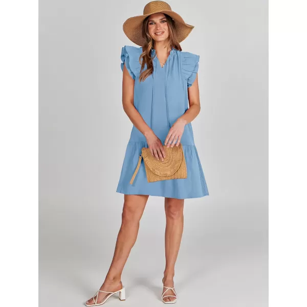imageANRABESS Womens Summer VNeck Drawstring Ruffle Cap Short Sleeve Casual Shift Mini Dress with PocketsSky Blue