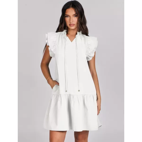 imageANRABESS Womens Summer VNeck Drawstring Ruffle Cap Short Sleeve Casual Shift Mini Dress with PocketsWhite