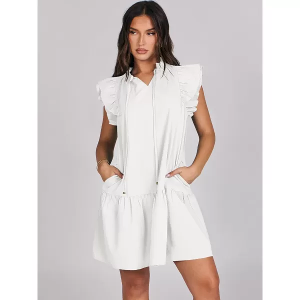 imageANRABESS Womens Summer VNeck Drawstring Ruffle Cap Short Sleeve Casual Shift Mini Dress with PocketsWhite