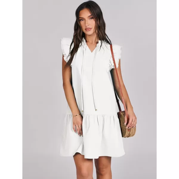 imageANRABESS Womens Summer VNeck Drawstring Ruffle Cap Short Sleeve Casual Shift Mini Dress with PocketsWhite