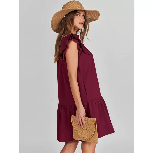 imageANRABESS Womens Summer VNeck Drawstring Ruffle Cap Short Sleeve Casual Shift Mini Dress with PocketsWine Red