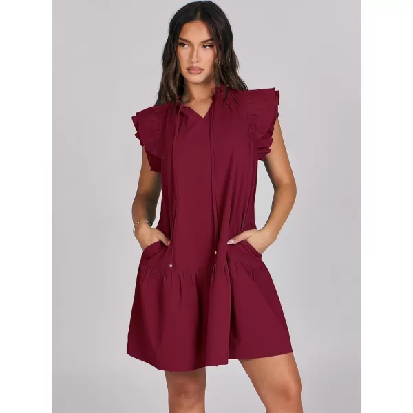 imageANRABESS Womens Summer VNeck Drawstring Ruffle Cap Short Sleeve Casual Shift Mini Dress with PocketsWine Red